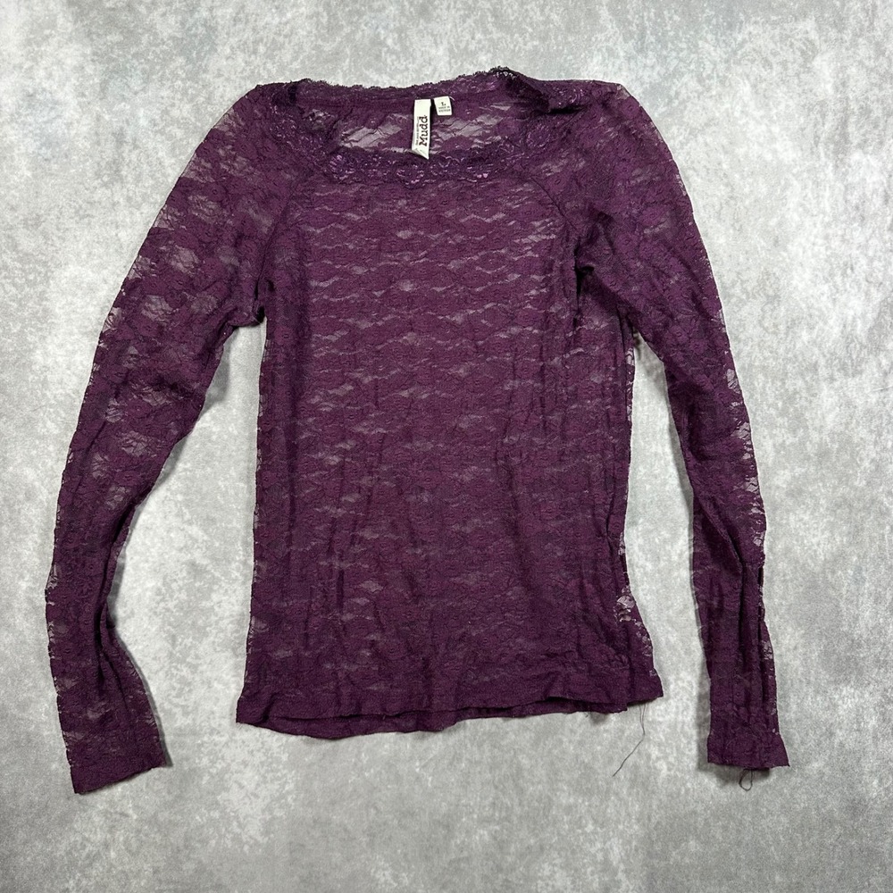 Mudd Womens Large Purple Floral Lace Sheer Long Sleeve Top Fairycore Y2K Style